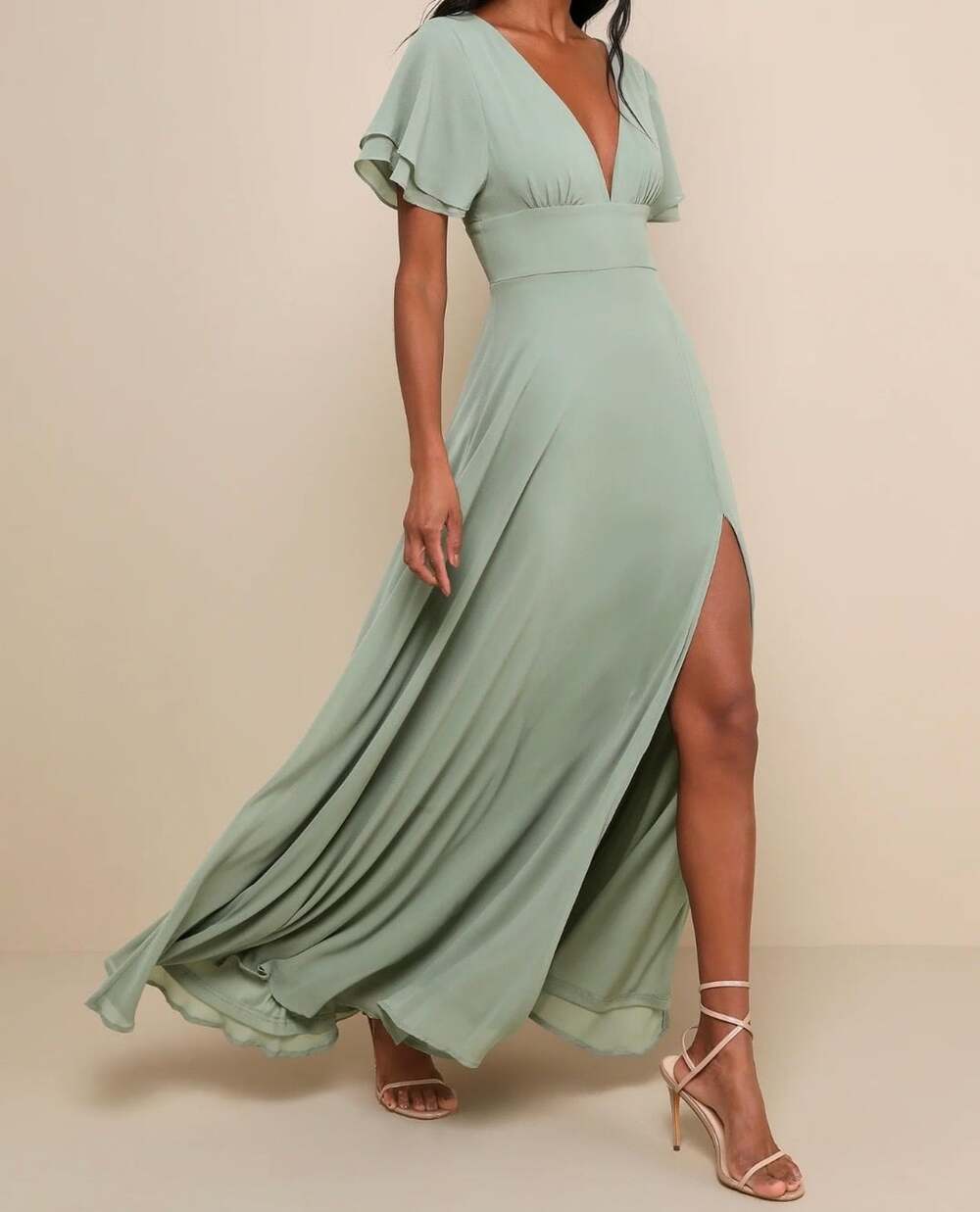 Lulus Sage Green Flutter Sleeve V-Neck Maxi Dress
